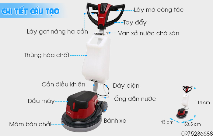 Chi tiết cấu tạo máy chà sàn giặt thảm Clepro CS17R