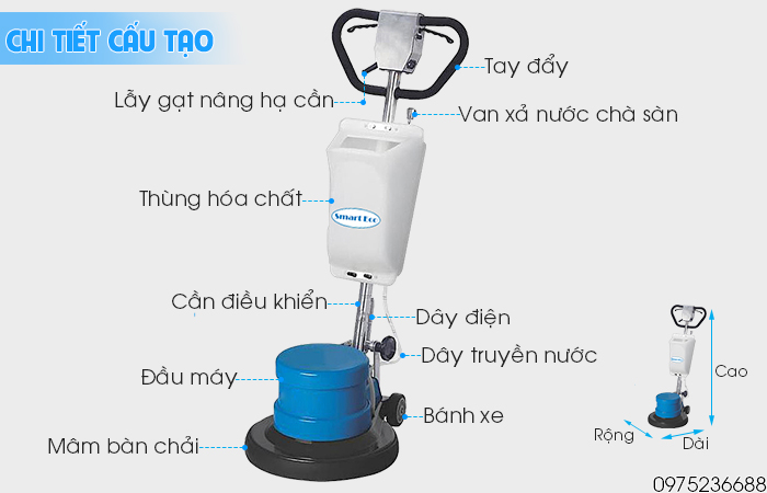 Chi tiết cấu tạo máy chà sàn giặt thảm Smart Eco SE 154H