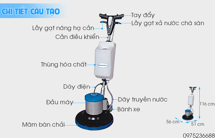 Chi tiết cấu tạo máy chà sàn giặt thảm Smart Eco SE 198
