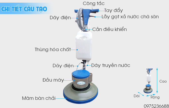 Chi tiết cấu tạo máy chà sàn giặt thảm Smart Eco SE 522