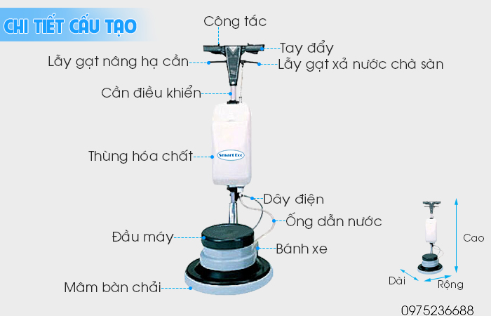 Chi tiết cấu tạo máy chà sàn giặt thảm Smart Eco SE 523