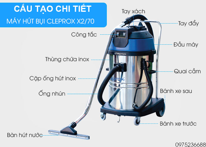 cấu tạo chi tiết Máy hút bụi khô và ướt Cleprox X2/70