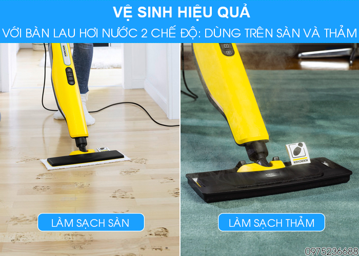 Bàn hơi nước Karcher SC 3 Upright EasyFix có 2 chế độ làm sạch sàn và thảm